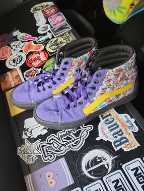 Vans Purple High-Tops with Yellow Accent and Macaroon Dogs And Cats Panels